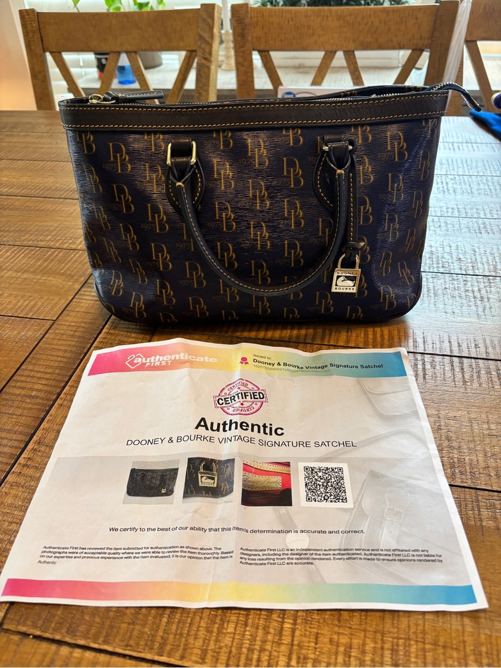 Dooney & Bourke Navy Blue/Brown Logo Satchel with Gold Hardware